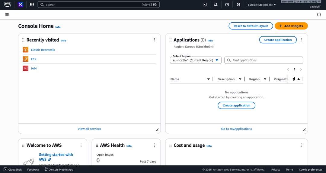 Screenshot of AWS main menu