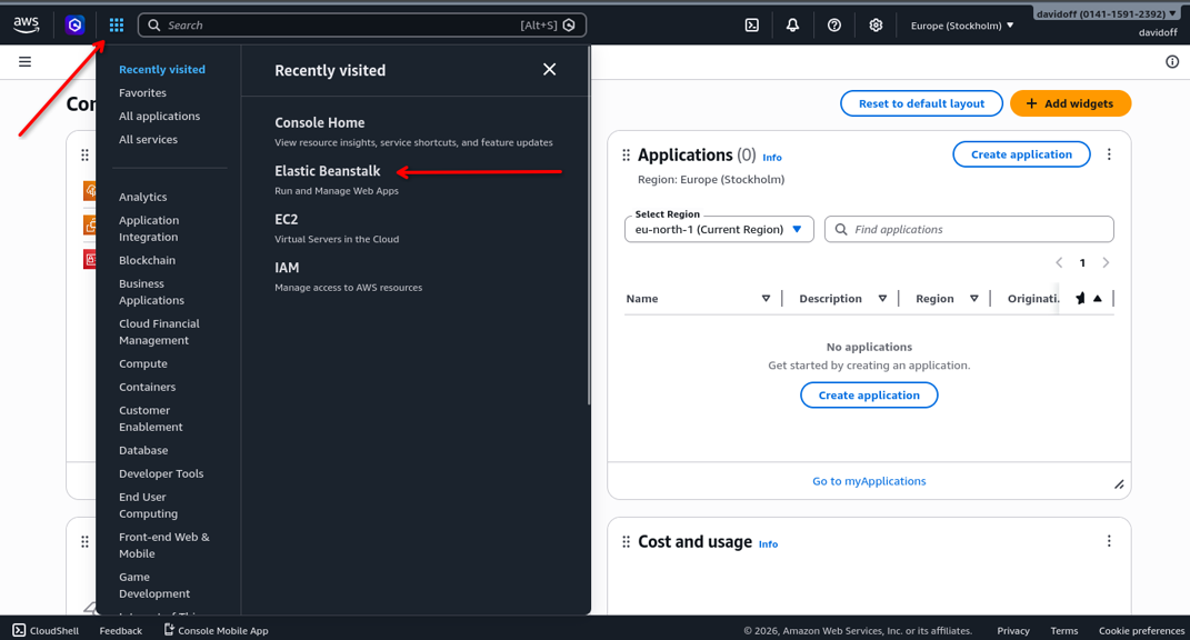 Screenshot of AWS main menu, elastic beanstalk