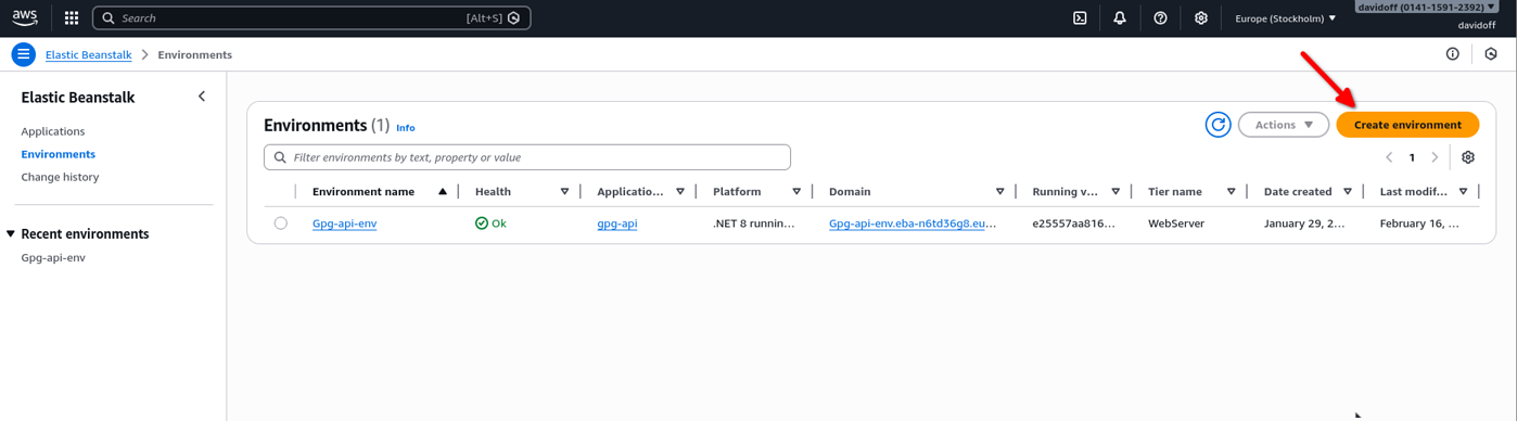 Screenshot of AWS elastic beanstalk menu